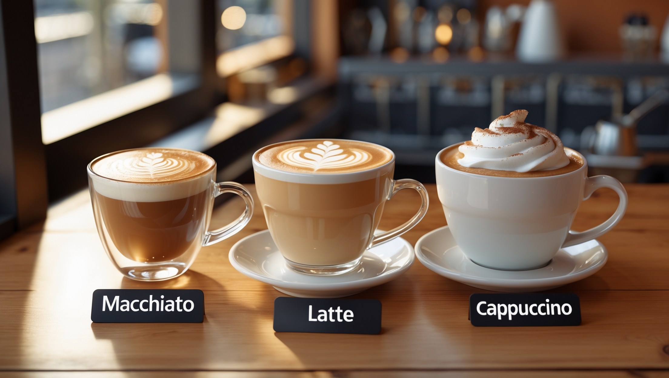 choose between a macchiato, a latte, or a cappuccino